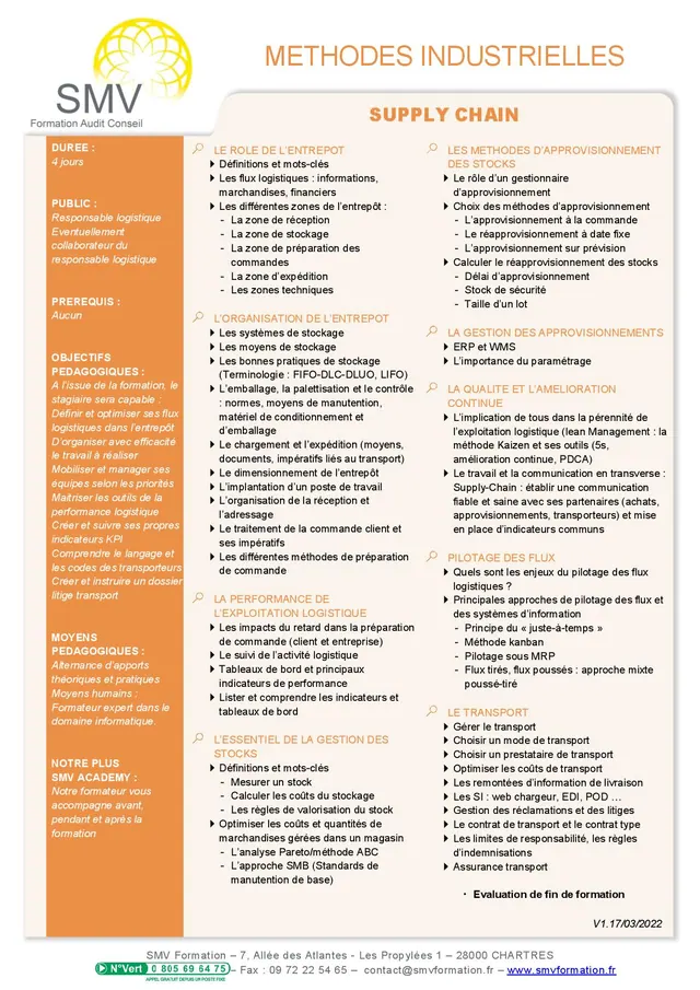 Fiche programme de la formation Supply Chain : durée, public, prérequis, objectifs pédagogiques et contenu