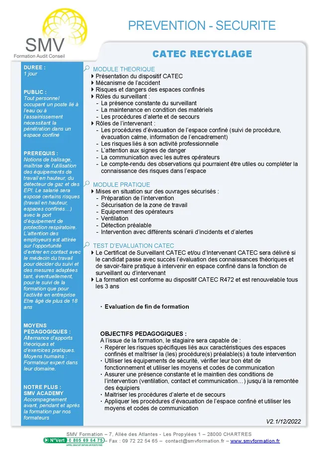 Fiche programme de la formation CATEC : durée, public, prérequis, objectifs pédagogiques et contenu