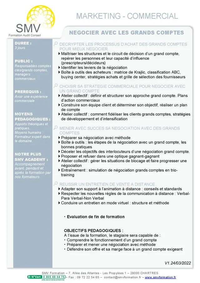 Fiche programme de la formation Négocier avec les grands comptes : durée, public, prérequis, objectifs pédagogiques et contenu