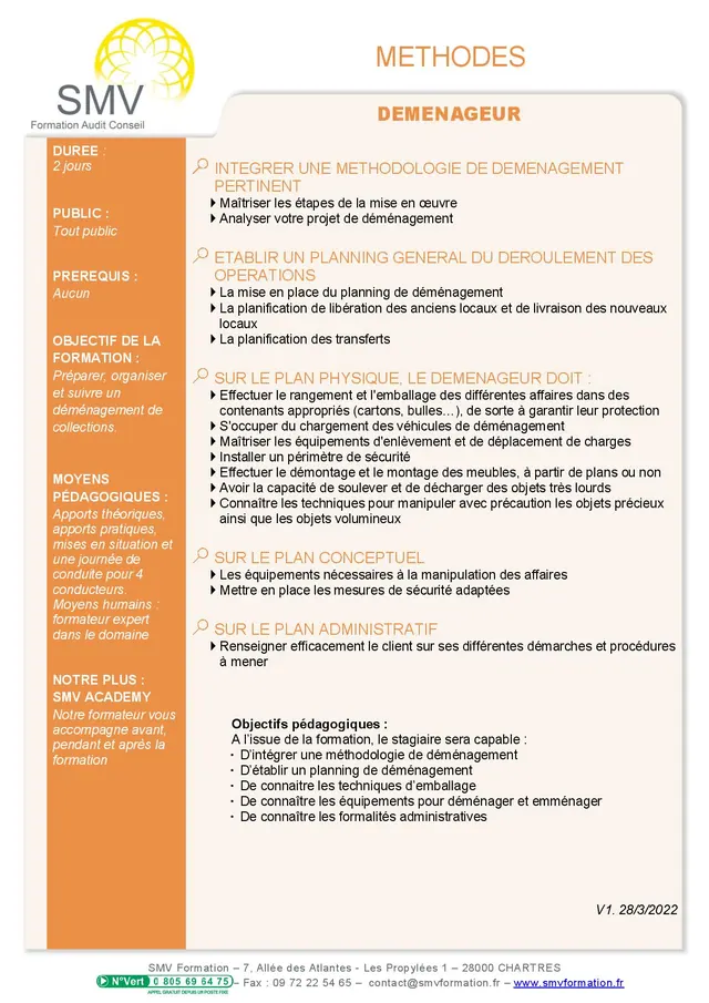 Fiche programme de la formation Déménageur 2 jours : durée, public, prérequis, objectifs pédagogiques et contenu