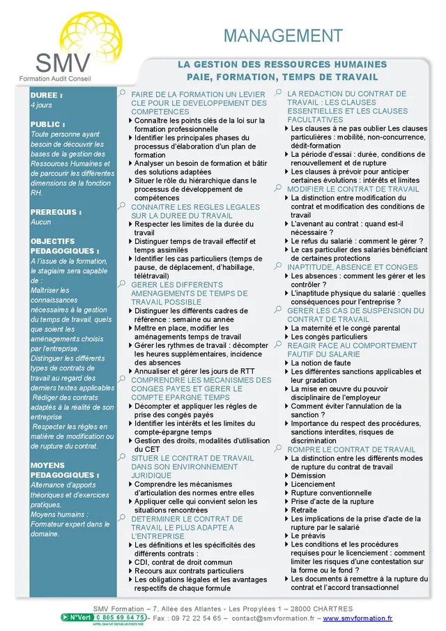 Fiche programme de la formation Les gestion des Ressources Humaines 4 jours : durée, public, prérequis, objectifs pédagogiques et contenu