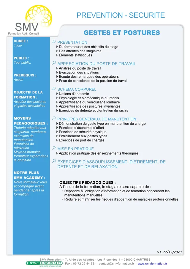 Fiche programme de la formation Gestes et postures 1 jour : durée, public, prérequis, objectifs pédagogiques et contenu