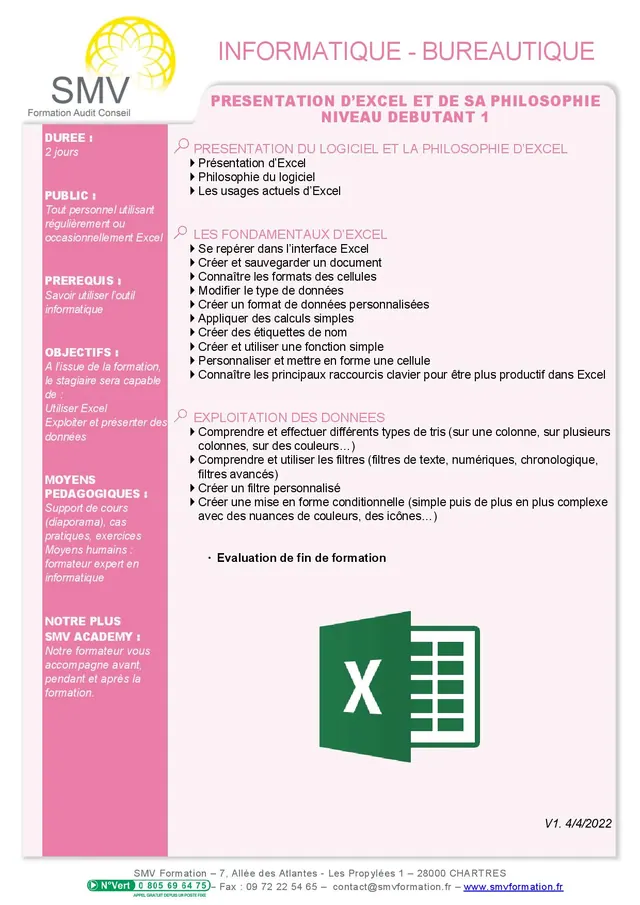 Fiche programme de la formation Présentation d’Excel et de sa philosophie – Niveau Débutant 1 : durée, public, prérequis, objectifs pédagogiques et contenu