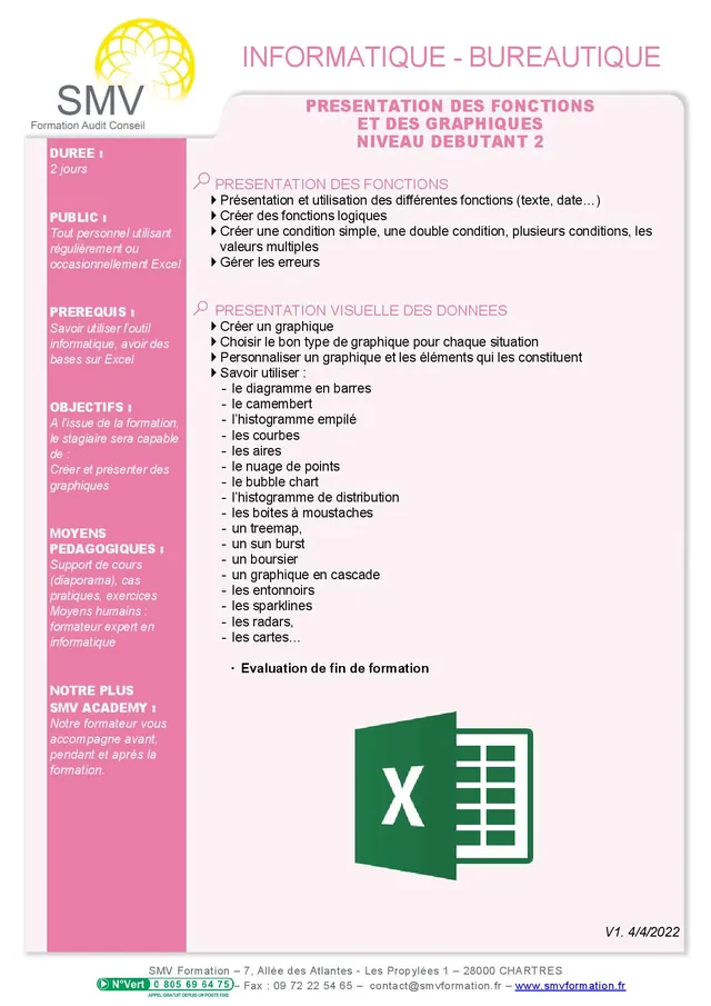Fiche programme de la formation Présentation des fonctions et des graphiques – Niveau Débutant 2 : durée, public, prérequis, objectifs pédagogiques et contenu