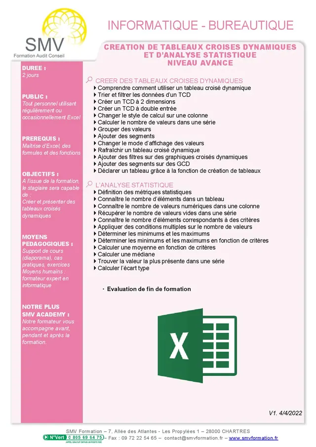 Fiche programme de la formation Création de TCD et d’analyse statistique – Niveau Avancé : durée, public, prérequis, objectifs pédagogiques et contenu