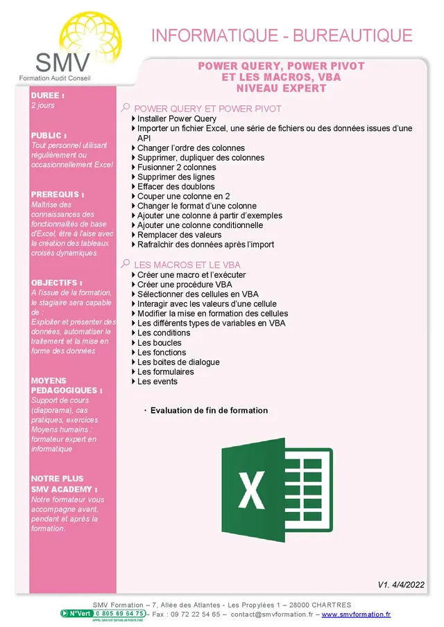 Fiche programme de la formation Power Query Power Pivot et les macros, VBA – Niveau Expert : durée, public, prérequis, objectifs pédagogiques et contenu