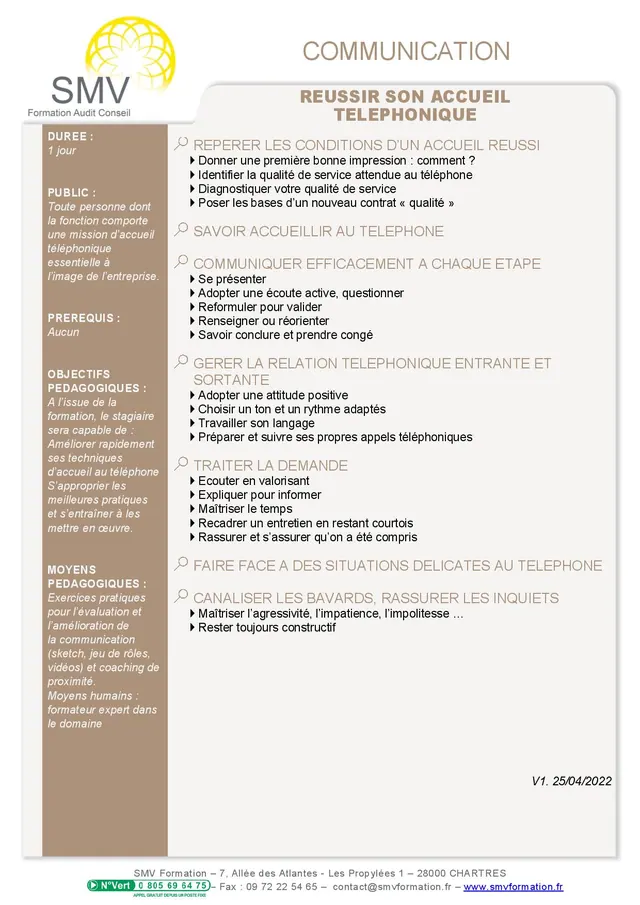 Fiche programme de la formation Réussir son accueil téléphonique 1 jour : durée, public, prérequis, objectifs pédagogiques et contenu