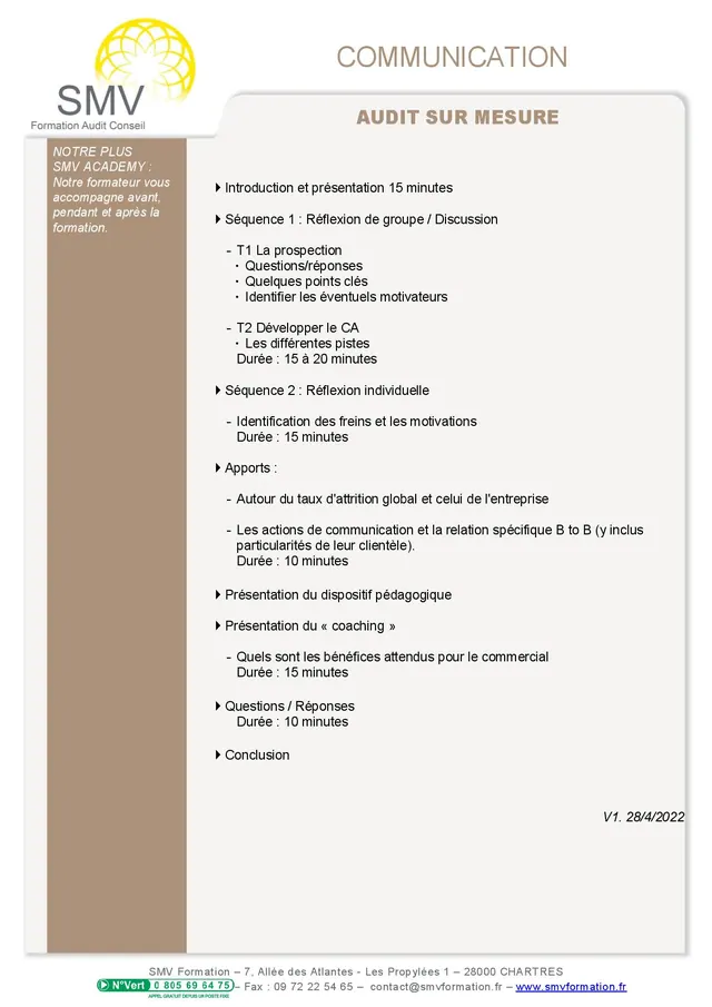 Fiche programme de la formation Audit sur mesure : durée, public, prérequis, objectifs pédagogiques et contenu