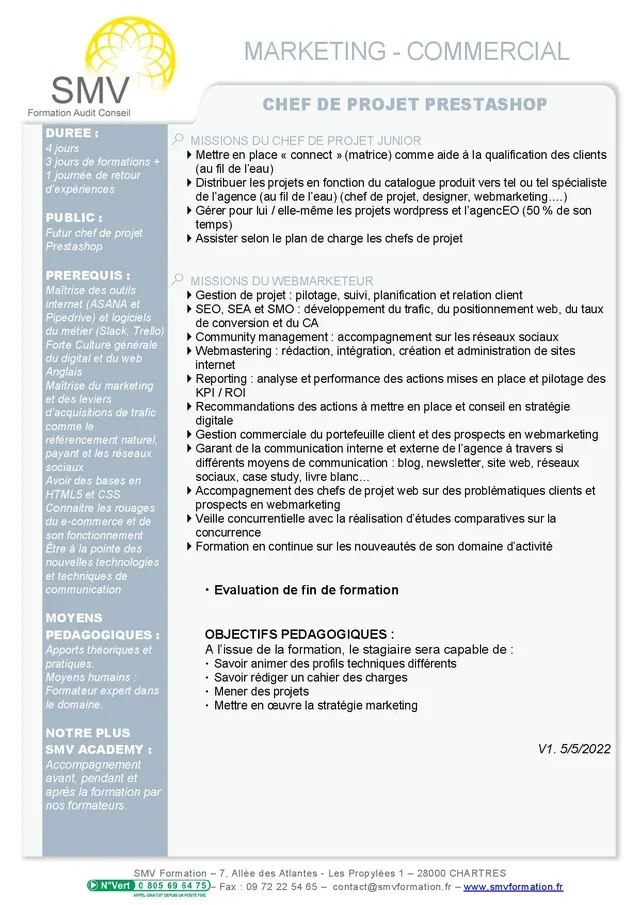 Fiche programme de la formation Chef de projet Prestashop : durée, public, prérequis, objectifs pédagogiques et contenu