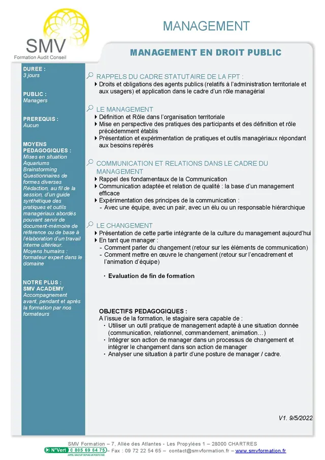Fiche programme de la formation Management en droit public : durée, public, prérequis, objectifs pédagogiques et contenu
