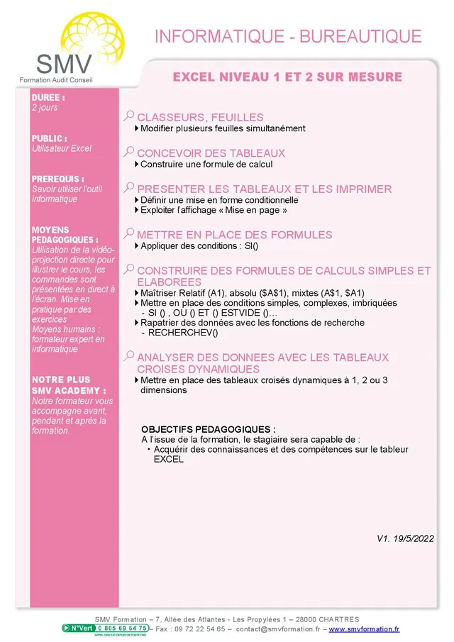 Fiche programme de la formation Excel niveau 1 et 2 sur mesure : durée, public, prérequis, objectifs pédagogiques et contenu