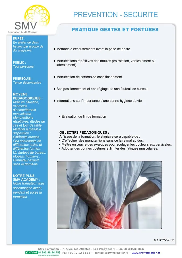 Fiche programme de la formation Pratique Gestes et Postures : durée, public, prérequis, objectifs pédagogiques et contenu