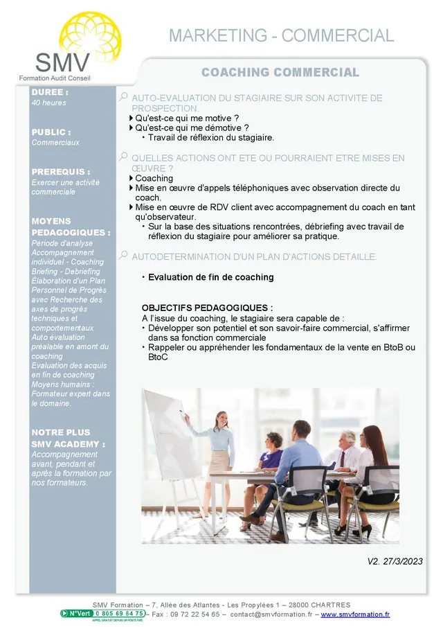Fiche programme de la formation Coaching commercial : durée, public, prérequis, objectifs pédagogiques et contenu
