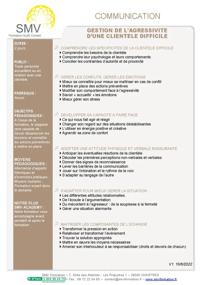Fiche programme de la formation Gestion de l’agressivité d’une clientèle difficile : durée, public, prérequis, objectifs pédagogiques et contenu