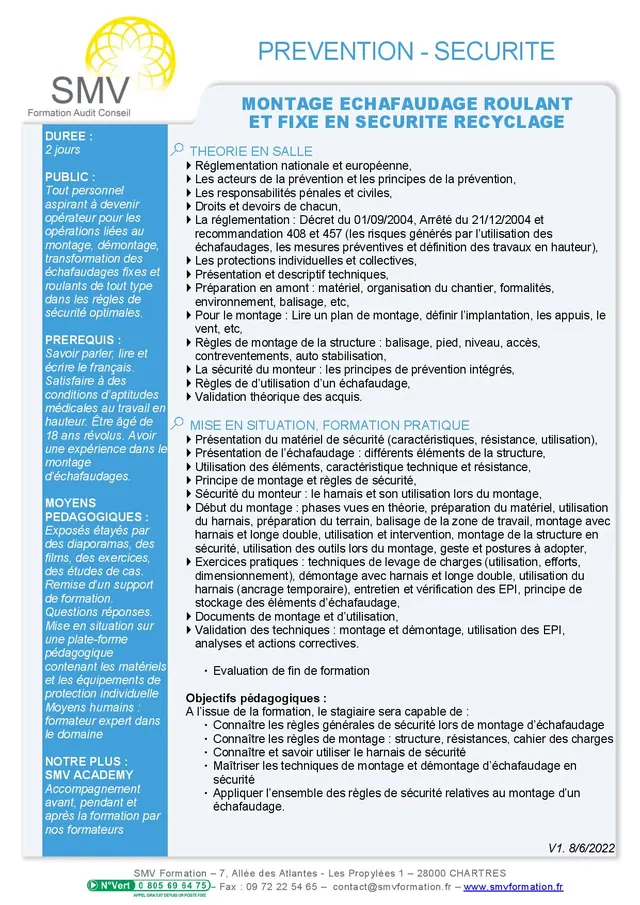 Fiche programme de la formation Montage Echafaudage Roulant et Fixe en sécurité Recyclage : durée, public, prérequis, objectifs pédagogiques et contenu