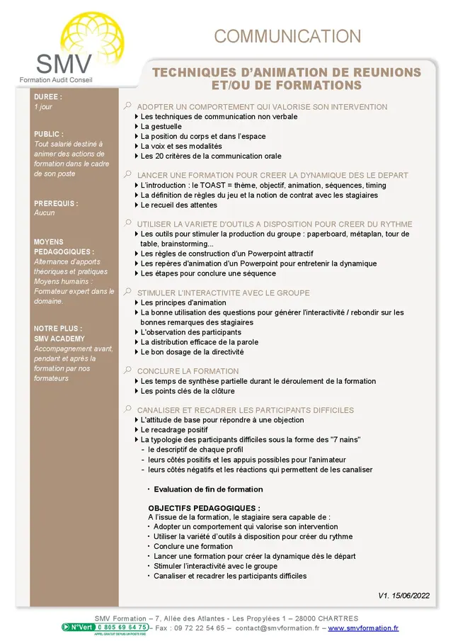 Fiche programme de la formation Techniques d’animation de réunions et/ou de formations 1 jour : durée, public, prérequis, objectifs pédagogiques et contenu