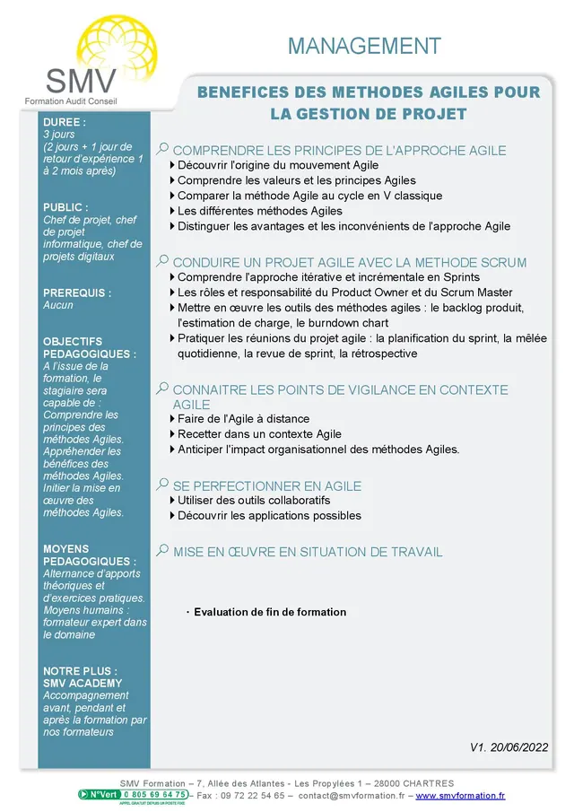 Fiche programme de la formation Bénéfices des méthodes agiles pour la gestion de projet : durée, public, prérequis, objectifs pédagogiques et contenu