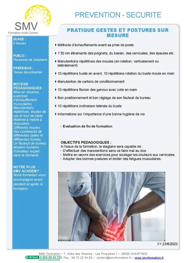 Fiche programme de la formation Pratique Gestes et Postures sur mesure : durée, public, prérequis, objectifs pédagogiques et contenu
