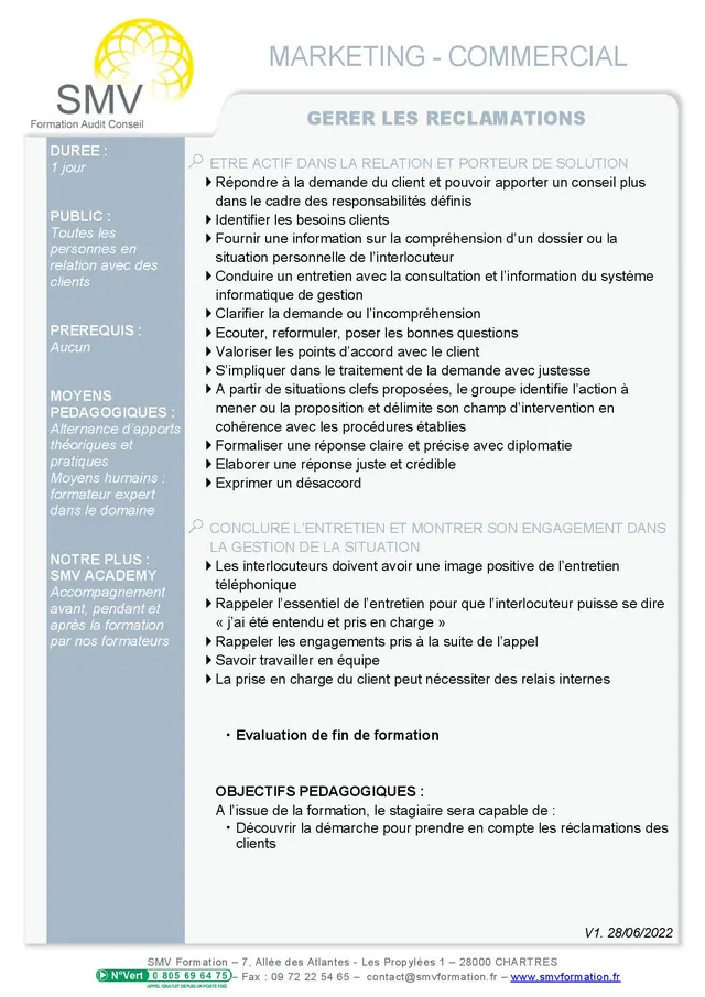 Fiche programme de la formation Gérer les réclamations : durée, public, prérequis, objectifs pédagogiques et contenu