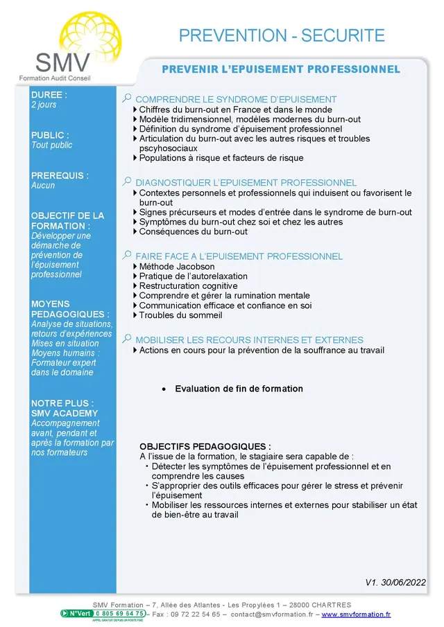 Fiche programme de la formation Prévenir l’épuisement professionnel : durée, public, prérequis, objectifs pédagogiques et contenu