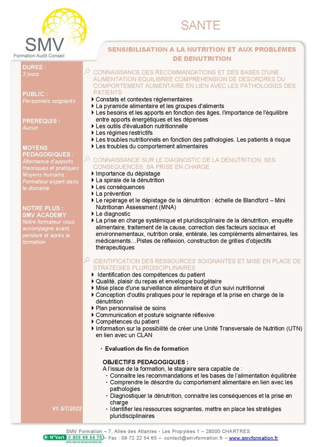 Fiche programme de la formation Sensibilisation à la nutrition et aux problèmes de dénutrition : durée, public, prérequis, objectifs pédagogiques et contenu