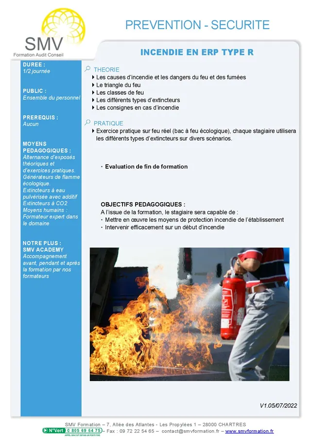 Fiche programme de la formation Incendie en ERP Type R : durée, public, prérequis, objectifs pédagogiques et contenu