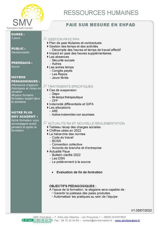 Fiche programme de la formation Paie sur mesure en Ehpad : durée, public, prérequis, objectifs pédagogiques et contenu