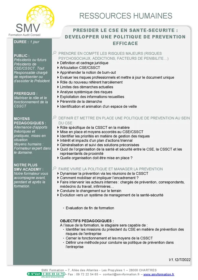 Fiche programme de la formation Présider le CSE en santé sécurité : développer une politique de prévention efficace : durée, public, prérequis, objectifs pédagogiques et contenu