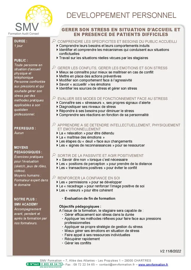 Fiche programme de la formation Gérer son stress en situation d’accueil  et en présence de patients difficiles : durée, public, prérequis, objectifs pédagogiques et contenu