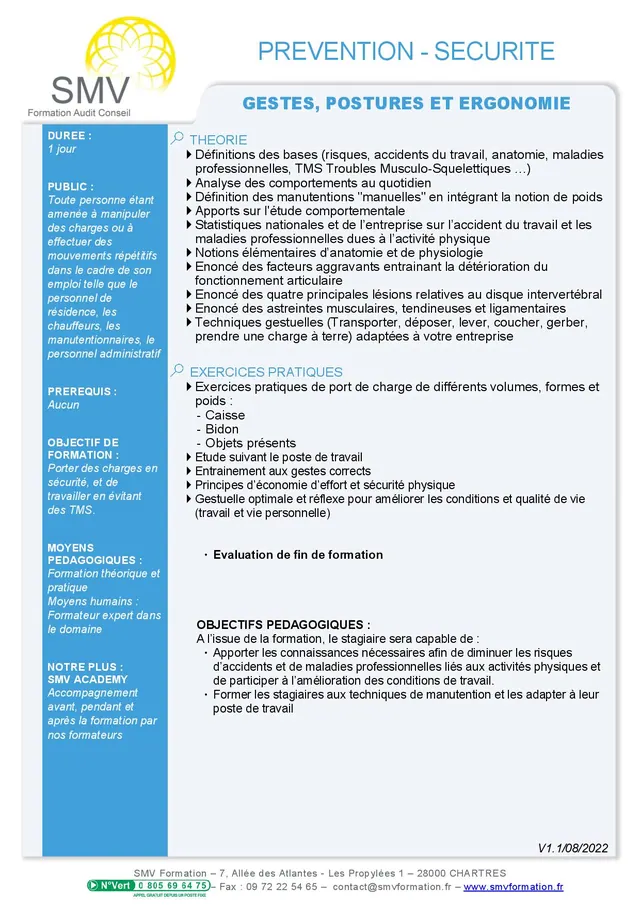 Fiche programme de la formation Gestes, postures et ergonomie sur mesure : durée, public, prérequis, objectifs pédagogiques et contenu