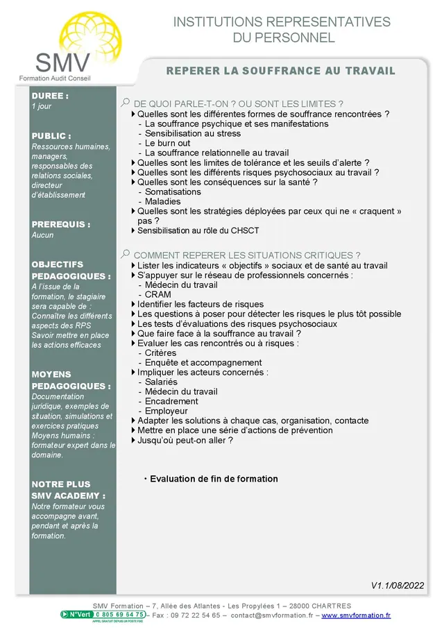 Fiche programme de la formation Repérer la souffrance au travail sur mesure 1 jour : durée, public, prérequis, objectifs pédagogiques et contenu