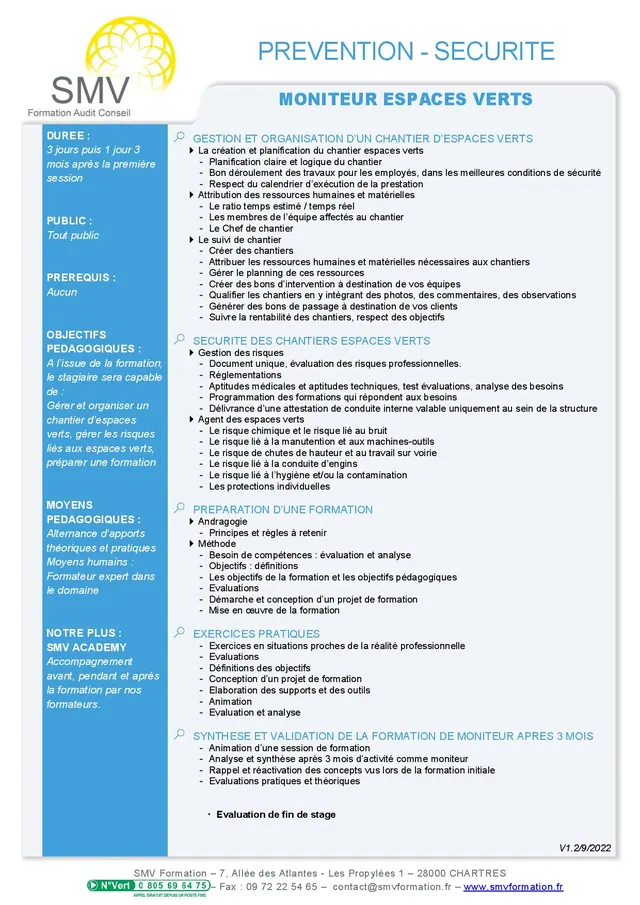 Fiche programme de la formation Moniteur Espaces Verts : durée, public, prérequis, objectifs pédagogiques et contenu