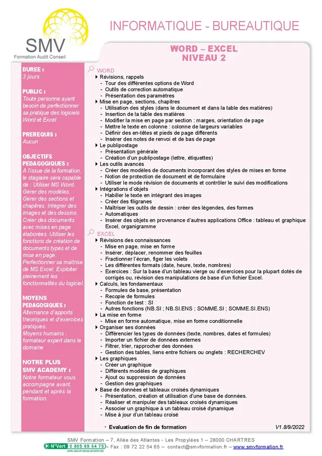 Fiche programme de la formation Word – Excel Niveau 2 : durée, public, prérequis, objectifs pédagogiques et contenu