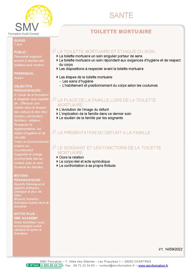 Fiche programme de la formation Toilette mortuaire 1 jour : durée, public, prérequis, objectifs pédagogiques et contenu