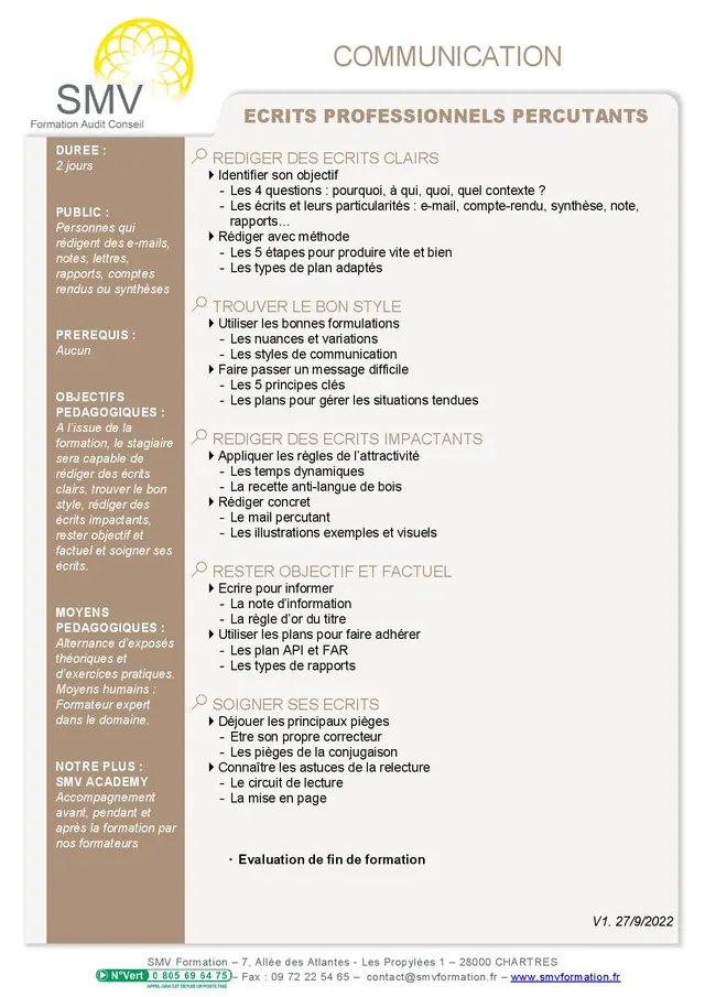 Fiche programme de la formation Ecrits professionnels percutants : durée, public, prérequis, objectifs pédagogiques et contenu