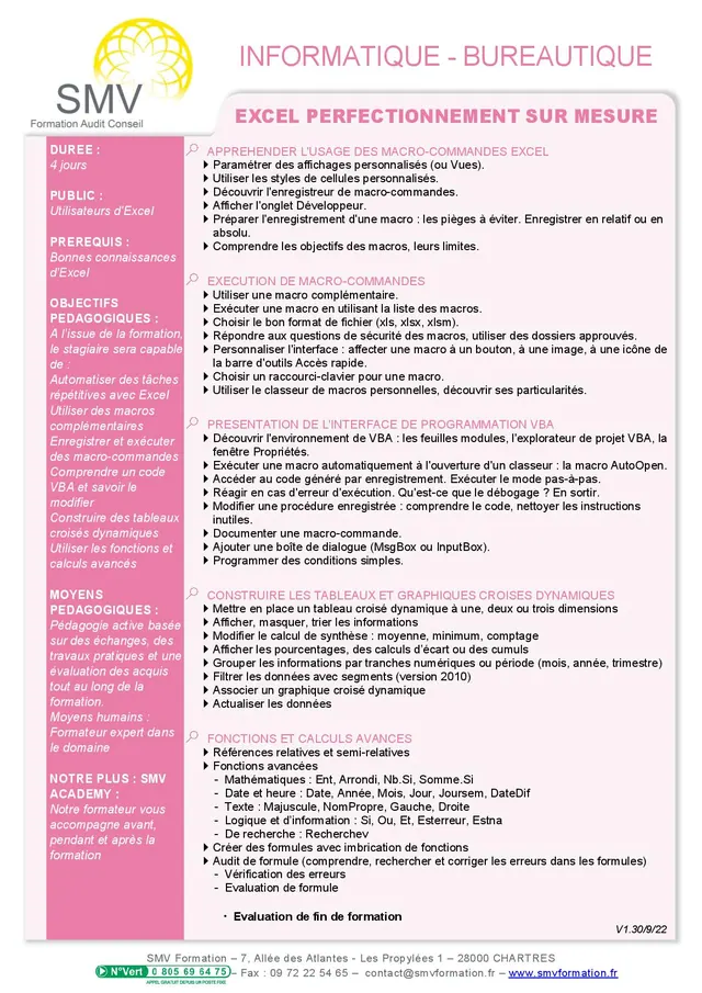 Fiche programme de la formation Excel perfectionnement sur mesure : durée, public, prérequis, objectifs pédagogiques et contenu