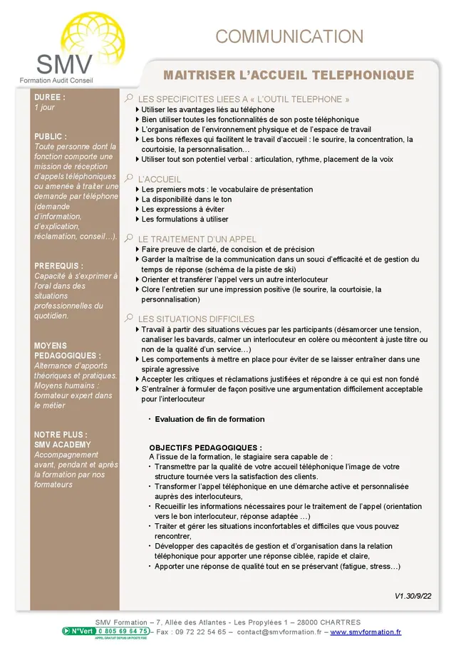 Fiche programme de la formation Maîtriser l’accueil téléphonique : durée, public, prérequis, objectifs pédagogiques et contenu