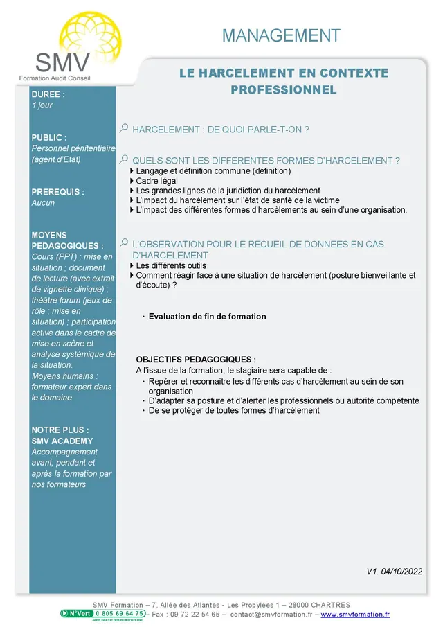 Fiche programme de la formation Le harcèlement en contexte professionnel : durée, public, prérequis, objectifs pédagogiques et contenu