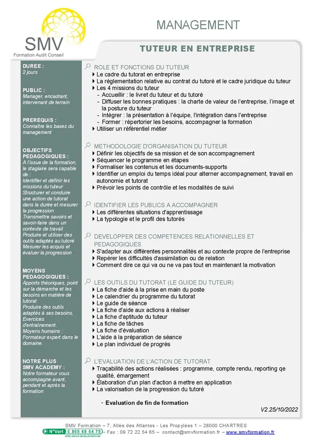 Fiche programme de la formation Tuteur en entreprise Management : durée, public, prérequis, objectifs pédagogiques et contenu