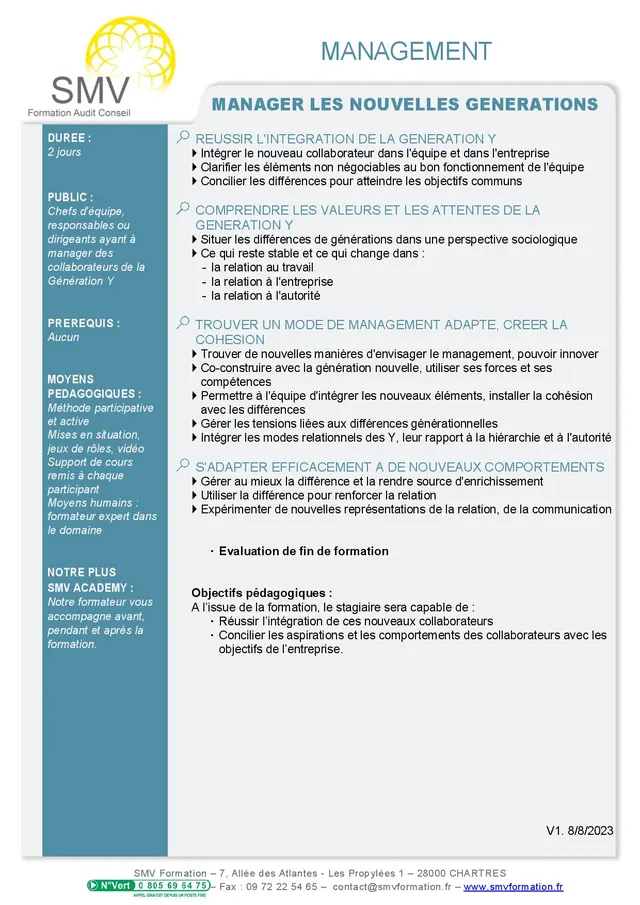 Fiche programme de la formation Manager les nouvelles générations 2 jours : durée, public, prérequis, objectifs pédagogiques et contenu