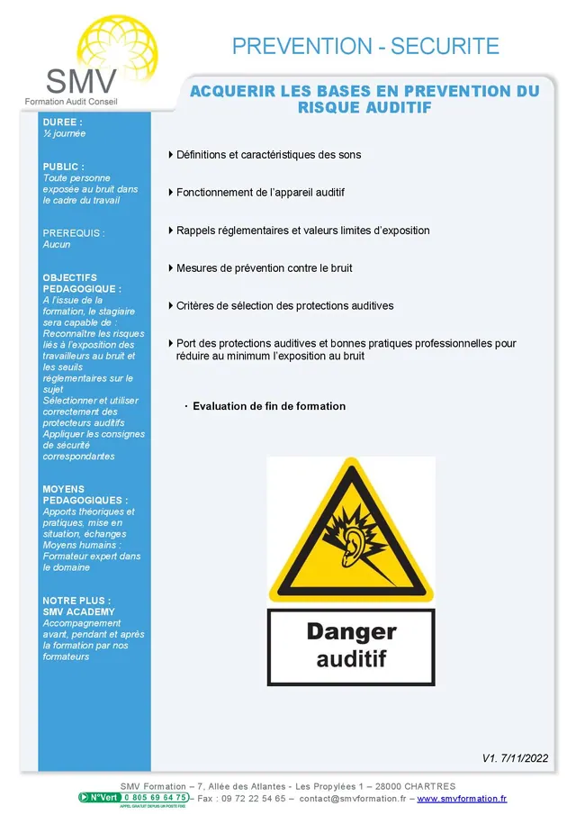 Fiche programme de la formation Acquérir les bases en prévention du risque auditif 1/2 journée : durée, public, prérequis, objectifs pédagogiques et contenu