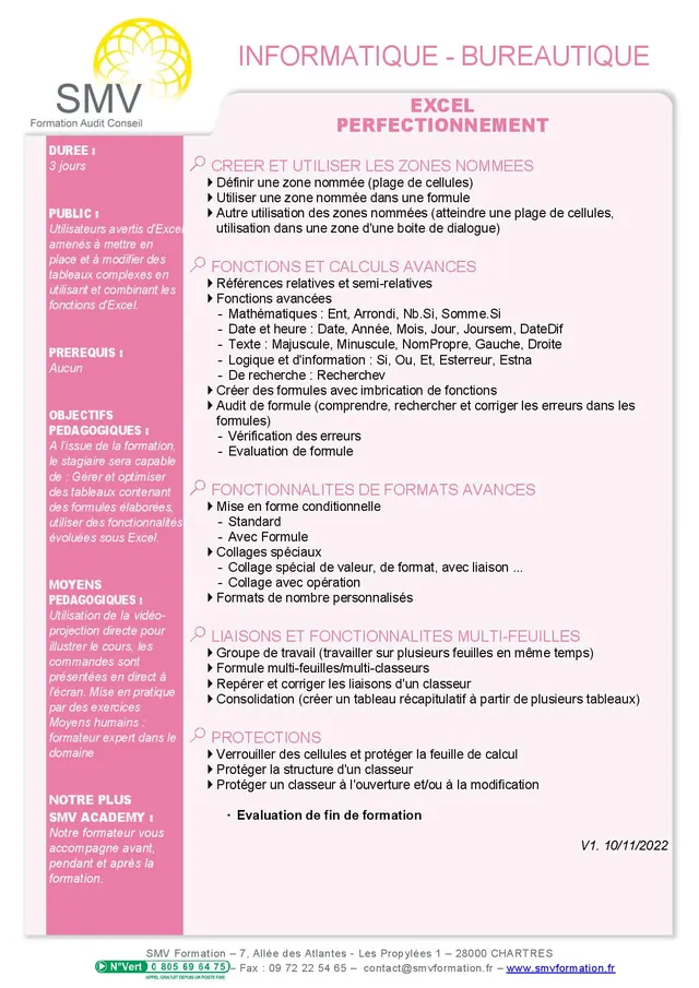 Fiche programme de la formation Excel perfectionnement 3 jours : durée, public, prérequis, objectifs pédagogiques et contenu