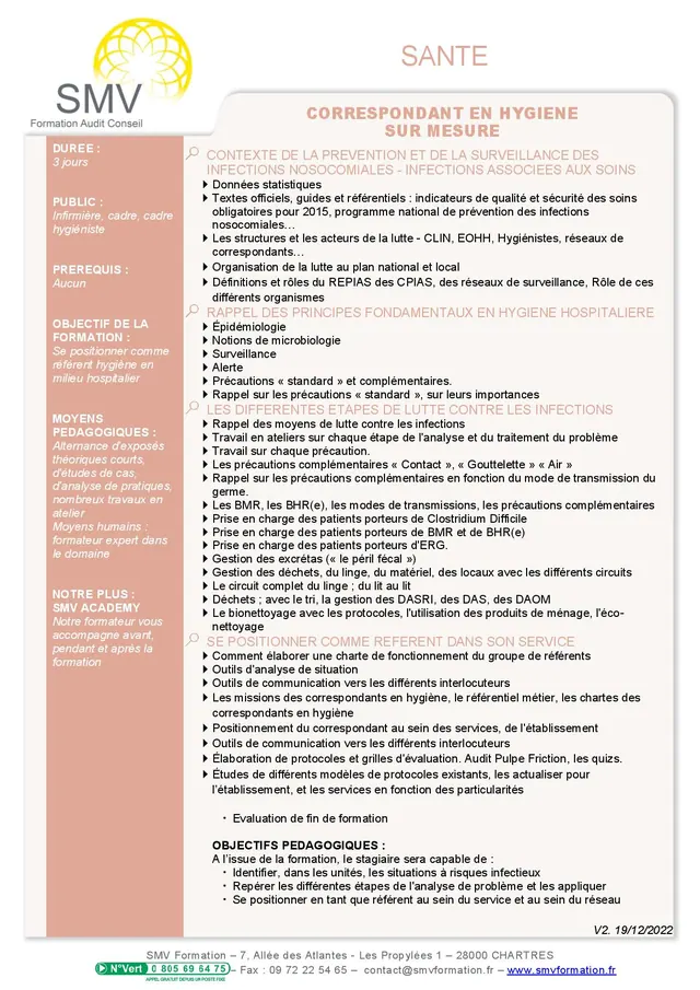 Fiche programme de la formation Correspondant en hygiène sur mesure : durée, public, prérequis, objectifs pédagogiques et contenu
