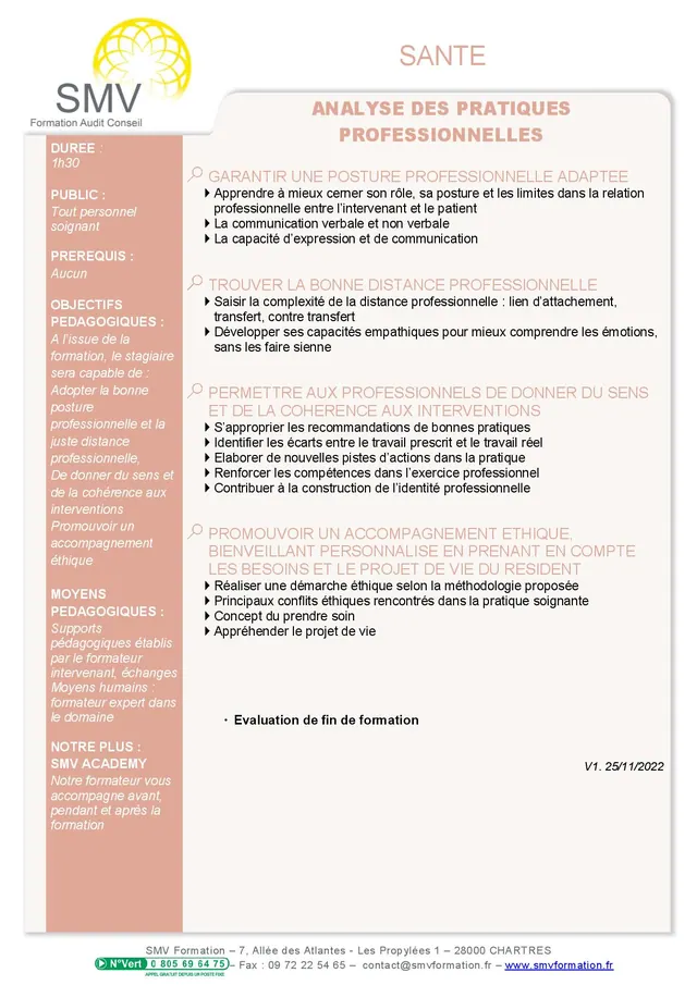 Fiche programme de la formation Analyse des pratiques professionnelles : durée, public, prérequis, objectifs pédagogiques et contenu
