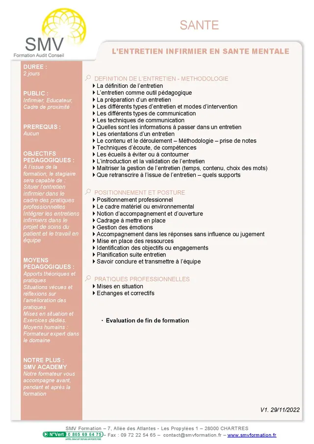 Fiche programme de la formation L’entretien infirmier en santé mentale : durée, public, prérequis, objectifs pédagogiques et contenu