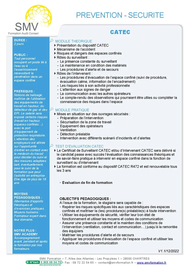 Fiche programme de la formation CATEC 2 jours : durée, public, prérequis, objectifs pédagogiques et contenu