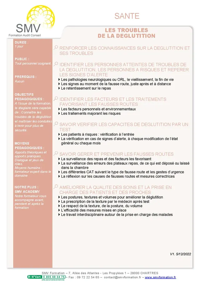 Fiche programme de la formation Les troubles de la déglutition 1 jour : durée, public, prérequis, objectifs pédagogiques et contenu