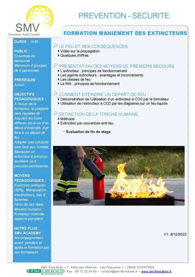 Fiche programme de la formation Formation maniement des extincteurs 1h30 : durée, public, prérequis, objectifs pédagogiques et contenu