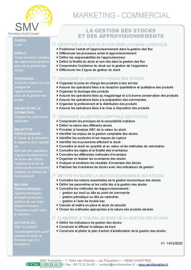 Fiche programme de la formation La gestion des stocks et des approvisionnements  1 jour : durée, public, prérequis, objectifs pédagogiques et contenu