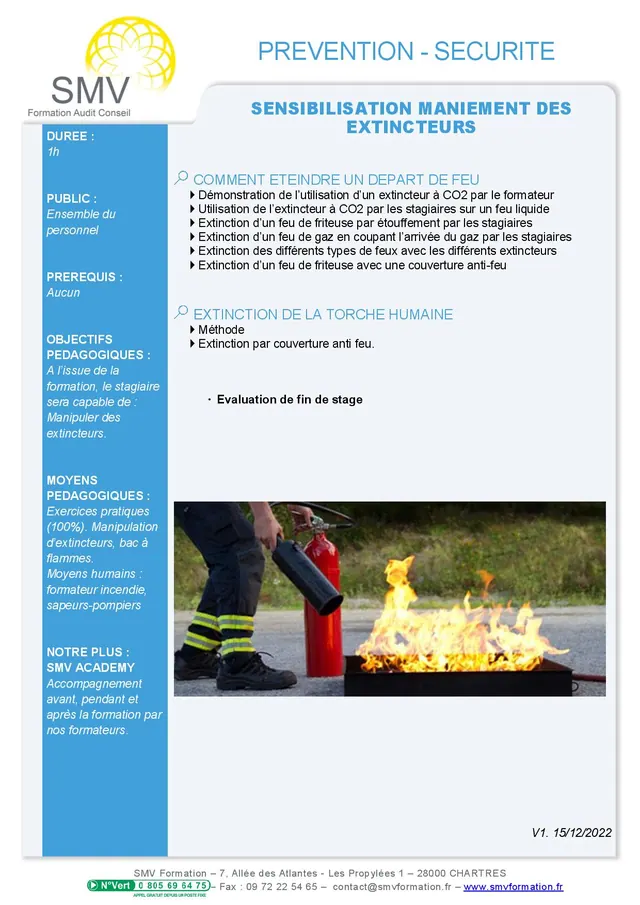 Fiche programme de la formation Sensibilisation maniement des extincteurs 1h : durée, public, prérequis, objectifs pédagogiques et contenu
